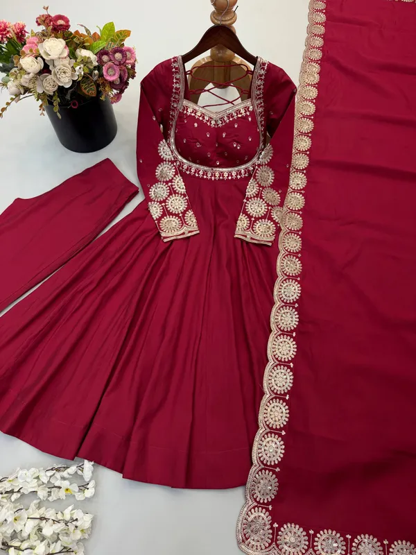 Maroon_Silk_Satin_Flared_Embroidered_Anarkali_Suit_Set_For_Women