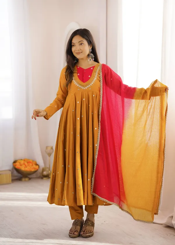 Mustard_Silk_Satin_Flared_Embellished_Anarkali_Suit_Set_For_Women