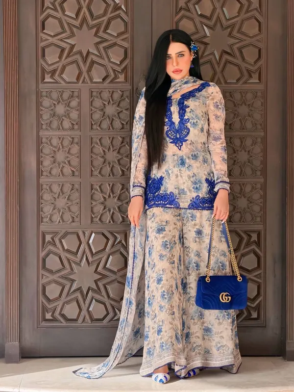 Blue_Georgette_Floral_Print_Kurta_Palazzo_Dupatta_Set_For_Women
