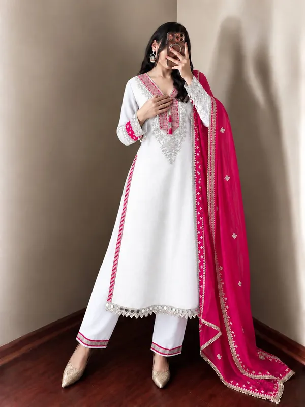 White_And_Pink_Silk_Satin_Straight_Embroidered_Kurta_Set_For_Women