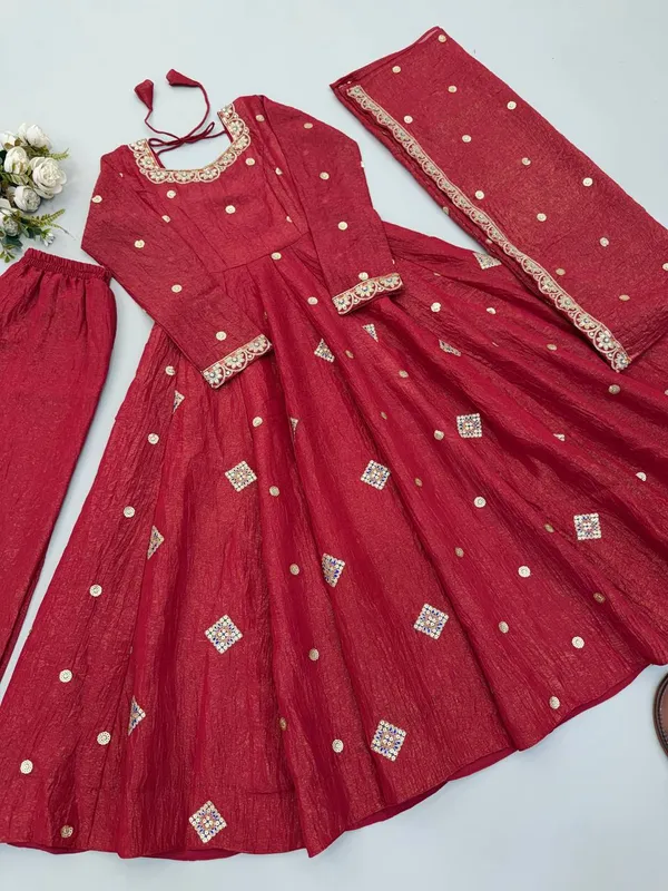 Red_Silk_Satin_Flared_Embellished_Anarkali_Suit_Set_For_Women