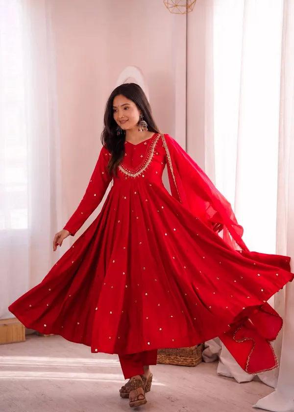 Red_Silk_Satin_Flared_Embellished_Anarkali_Suit_Set_For_Women