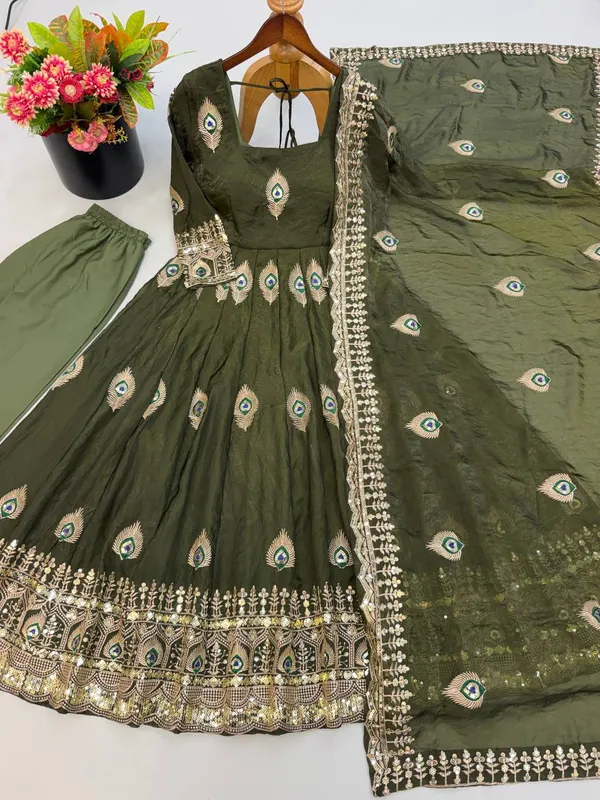 Olive_Green_Satin_Silk_Flared_Anarkali_Suit_Set_For_Women