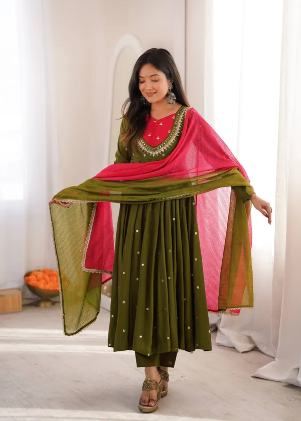 Olive_Green_Silk_Satin_Embellished_Flared_Anarkali_Suit_Set_For_Women