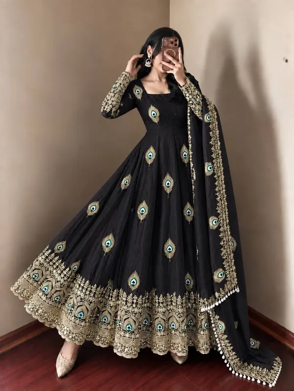 Black_Satin_Silk_Flared_Embroidered_Anarkali_Suit_Set_For_Women