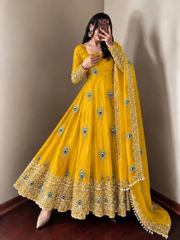 Yellow_Satin_Silk_Flared_Embroidered_Anarkali_Suit_Set_For_Women