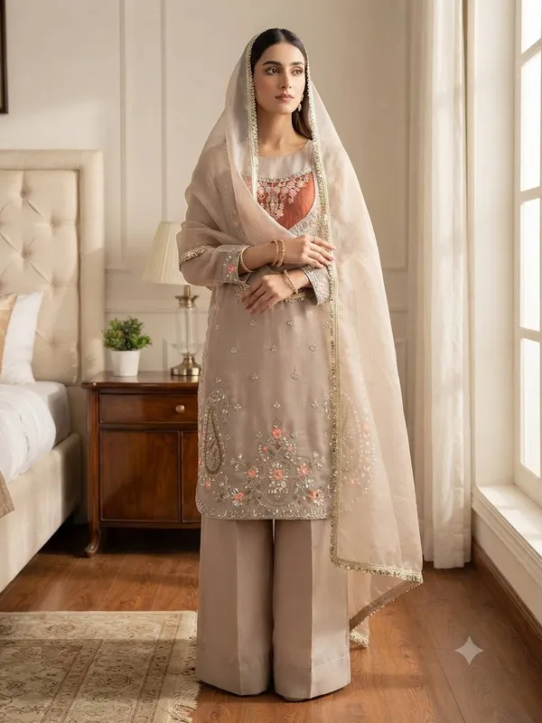Beige_Satin_Silk_Straight_Embroidered_Suit_Set_For_Women