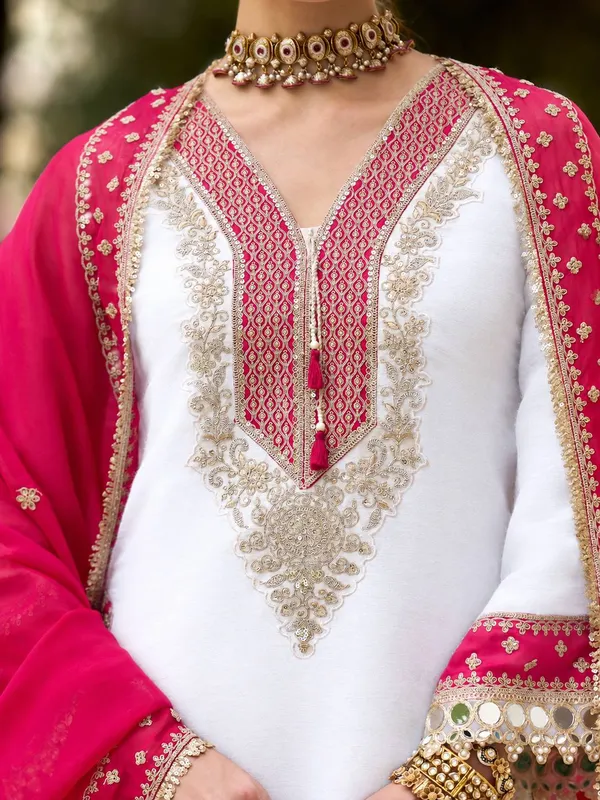 White_And_Pink_Silk_Satin_Straight_Embroidered_Kurta_Set_For_Women