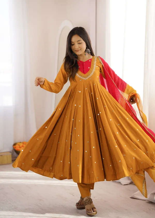 Mustard_Silk_Satin_Flared_Embellished_Anarkali_Suit_Set_For_Women