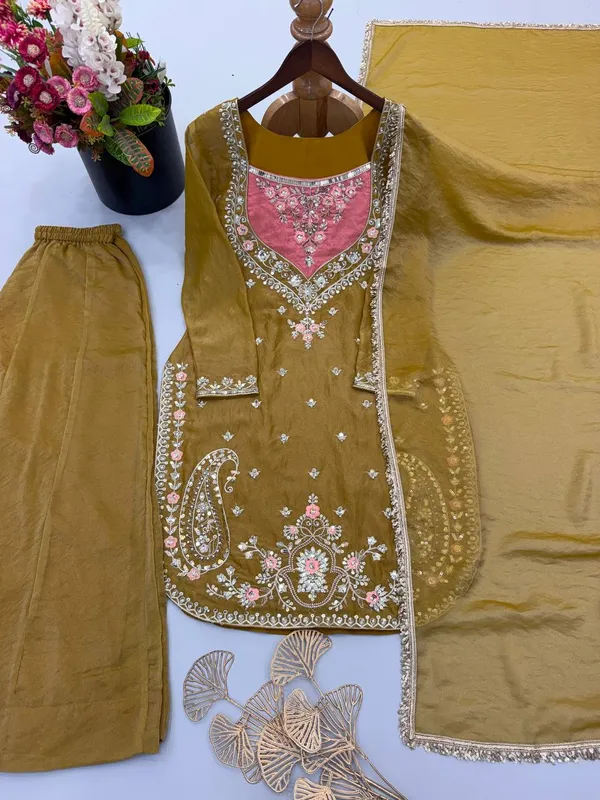 Olive_Green_Satin_Silk_Embroidered_Kurta_Pant_Dupatta_Set_For_Women