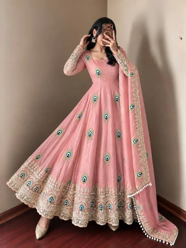 Peach_Satin_Silk_Flared_Embroidered_Anarkali_Suit_Set_For_Women