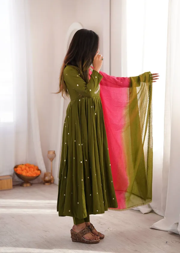 Olive_Green_Silk_Satin_Embellished_Flared_Anarkali_Suit_Set_For_Women