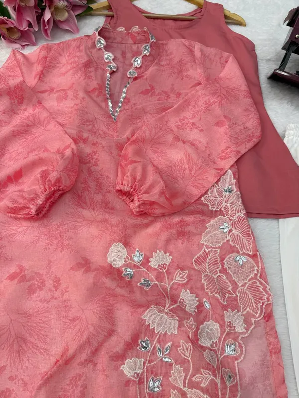 Pink_And_Off_White_Organza_Flared_Floral_Print_Kurta_Set_For_Women
