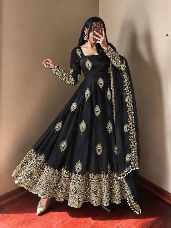 Black_Satin_Silk_Flared_Embroidered_Anarkali_Suit_Set_For_Women