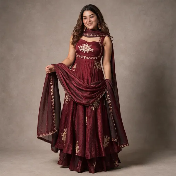 Maroon_Satin_Silk_Flared_Floral_Anarkali_Suit_Set_For_Women