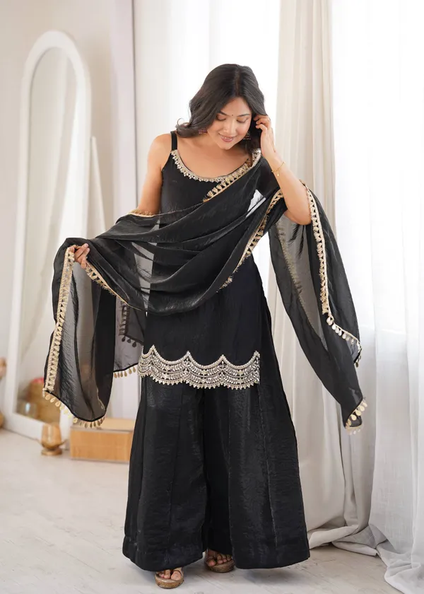 Black_Satin_Silk_Embellished_Kurta_Palazzo_Dupatta_Set_For_Women