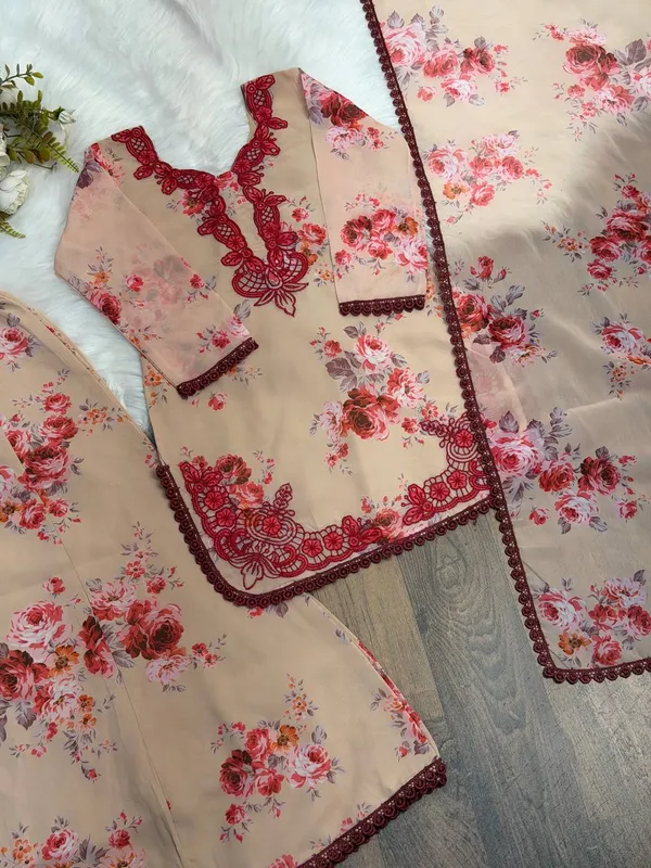 Peach_And_Maroon_Georgette_Floral_Print_Straight_Kurta_Pant_Dupatta_Set_For_Women