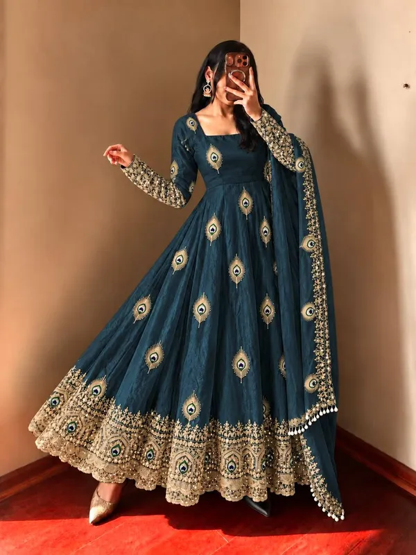 Peacock_Blue_Satin_Silk_Flared_Anarkali_Suit_Set_For_Women