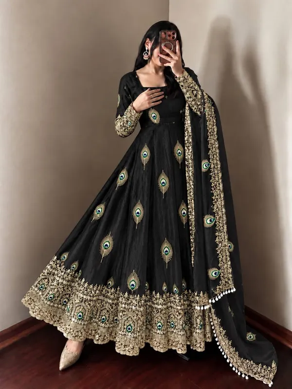 Black_Satin_Silk_Flared_Embroidered_Anarkali_Suit_Set_For_Women