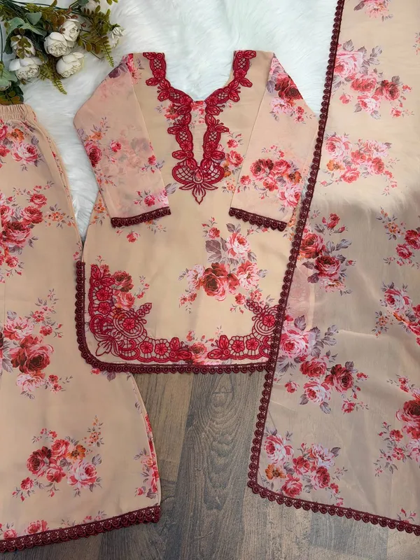 Peach_And_Maroon_Georgette_Floral_Print_Straight_Kurta_Pant_Dupatta_Set_For_Women