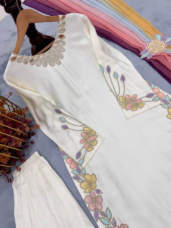 Off_White_Satin_Embroidered_Straight_Kurta_Pant_Dupatta_Set_For_Women