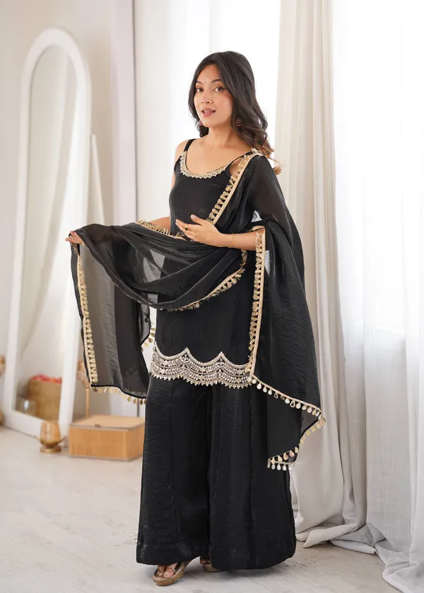 Black_Satin_Silk_Embellished_Kurta_Palazzo_Dupatta_Set_For_Women