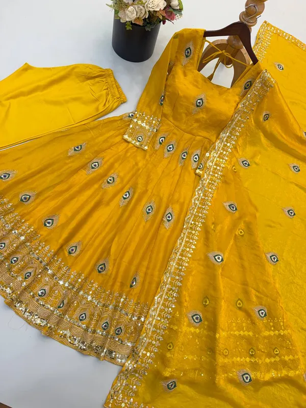 Yellow_Satin_Silk_Flared_Embroidered_Anarkali_Suit_Set_For_Women