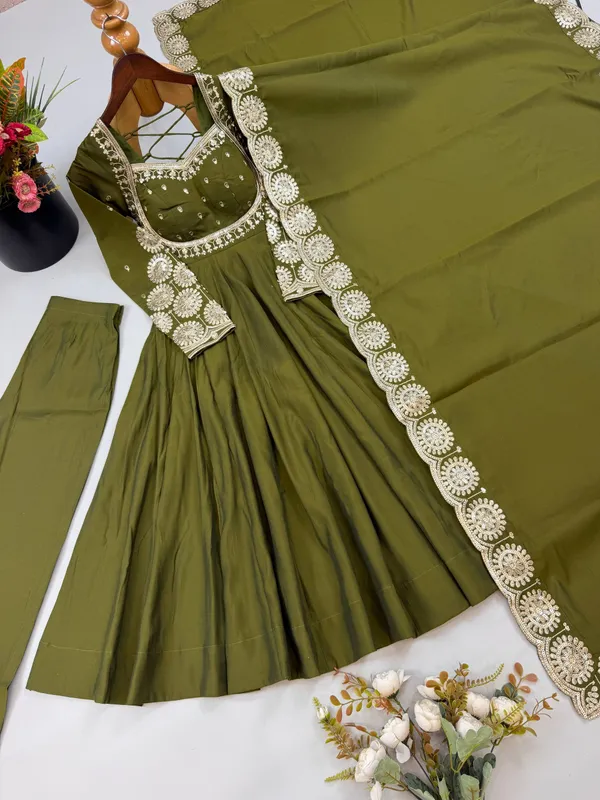 Olive_Green_Silk_Satin_Embroidered_Flared_Anarkali_Suit_Set_For_Women