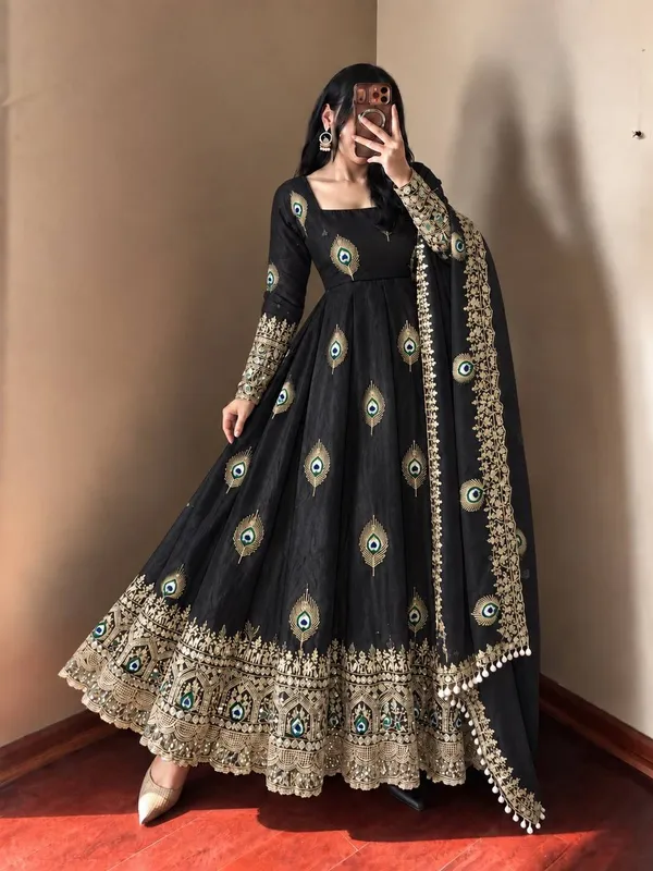 Black_Satin_Silk_Flared_Embroidered_Anarkali_Suit_Set_For_Women