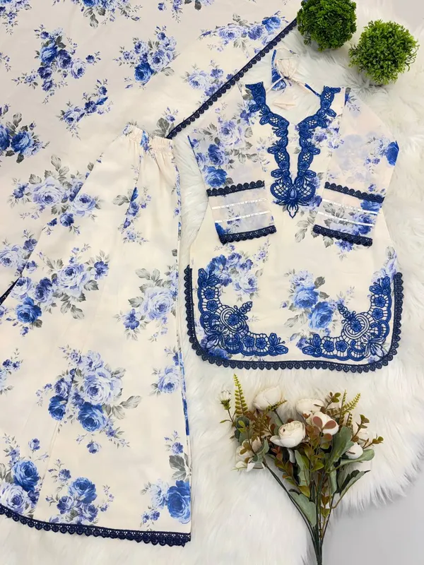 Blue_Georgette_Floral_Print_Kurta_Palazzo_Dupatta_Set_For_Women