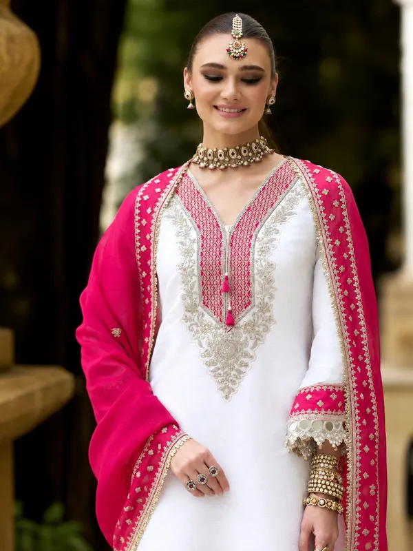 White_And_Pink_Silk_Satin_Straight_Embroidered_Kurta_Set_For_Women