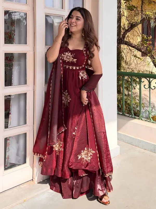 Maroon_Satin_Silk_Flared_Floral_Anarkali_Suit_Set_For_Women