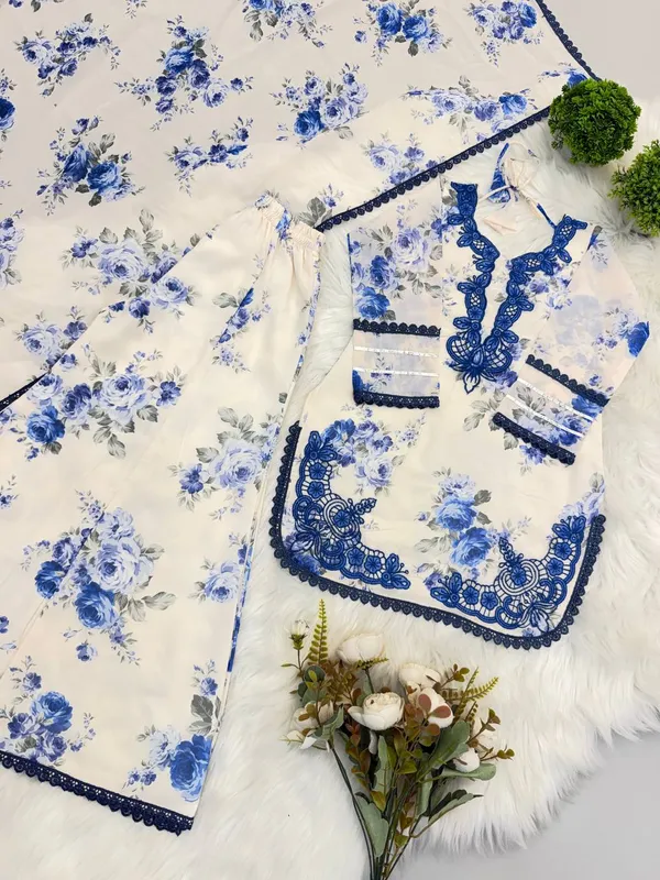 Blue_Georgette_Floral_Print_Kurta_Palazzo_Dupatta_Set_For_Women