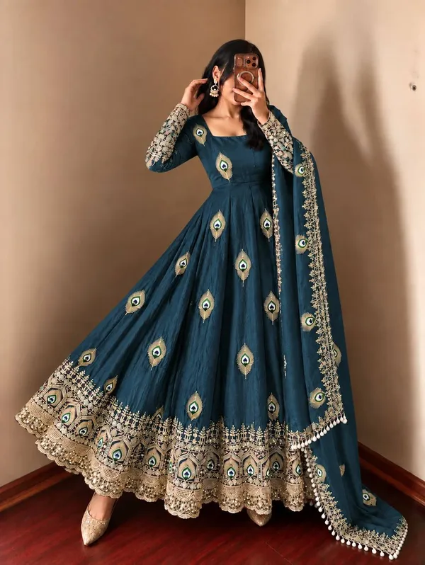 Peacock_Blue_Satin_Silk_Flared_Anarkali_Suit_Set_For_Women