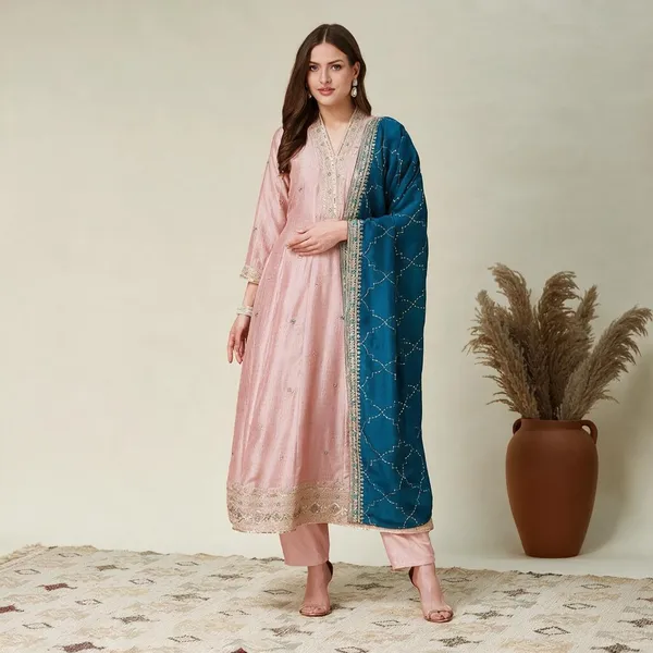 Light_Pink_And_Teal_Cotton_Blend_Straight_Embroidered_Kurta_Set_For_Women