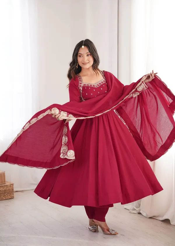 Maroon_Silk_Satin_Flared_Embroidered_Anarkali_Suit_Set_For_Women