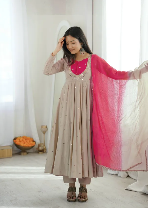 Beige_Silk_Satin_Flared_Embellished_Ankarali_Set_For_Women