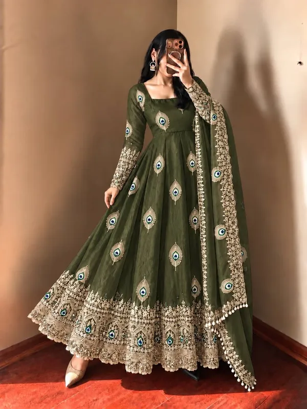 Olive_Green_Satin_Silk_Flared_Anarkali_Suit_Set_For_Women