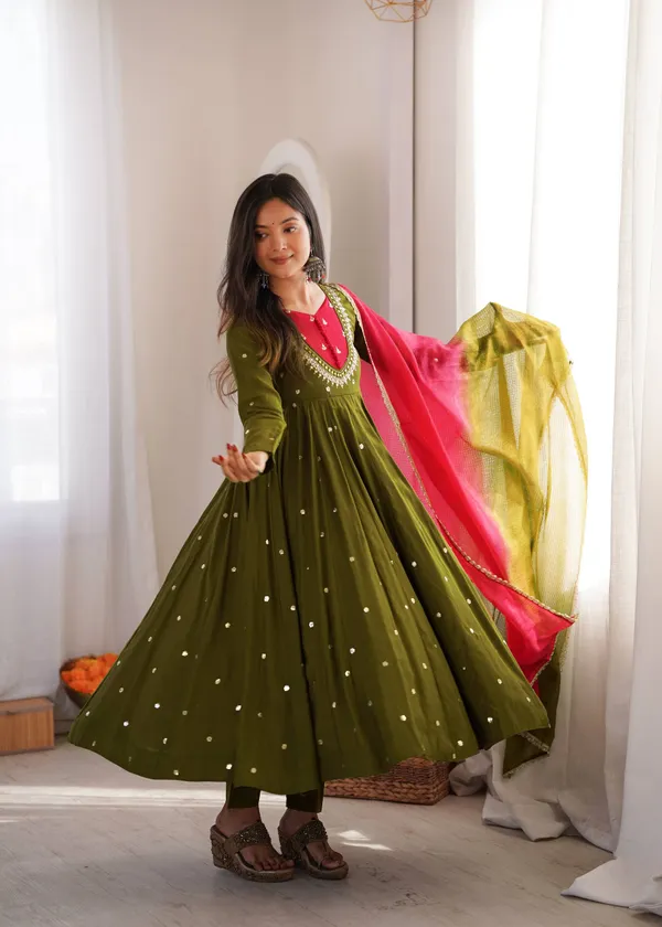 Olive_Green_Silk_Satin_Embellished_Flared_Anarkali_Suit_Set_For_Women