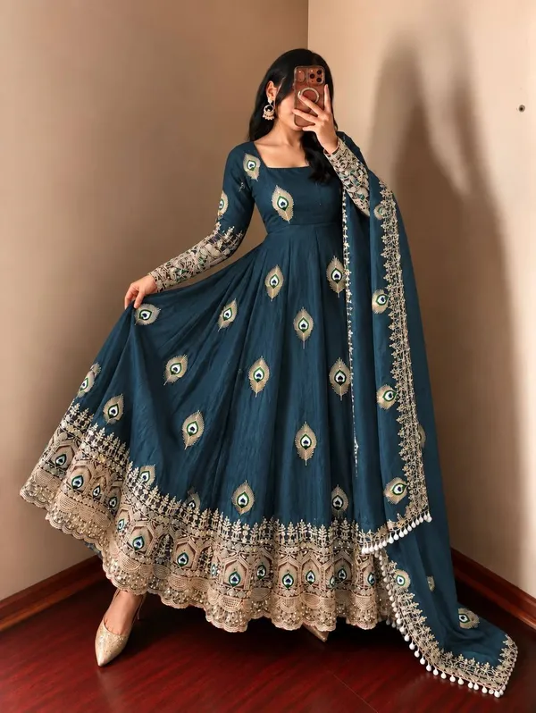 Peacock_Blue_Satin_Silk_Flared_Anarkali_Suit_Set_For_Women