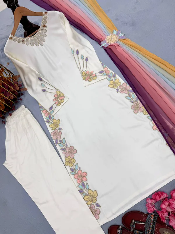 Off_White_Satin_Embroidered_Straight_Kurta_Pant_Dupatta_Set_For_Women