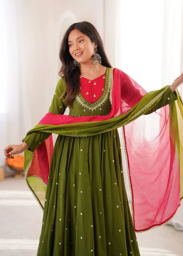 Olive_Green_Silk_Satin_Embellished_Flared_Anarkali_Suit_Set_For_Women