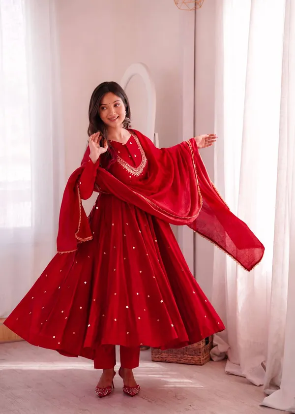 Red_Silk_Satin_Flared_Embellished_Anarkali_Suit_Set_For_Women