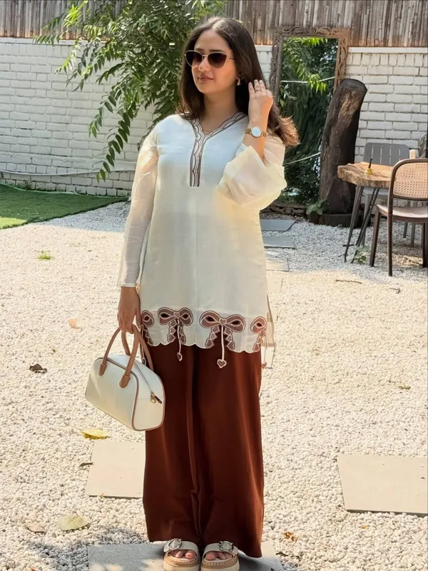 Cream_And_Brown_Cotton_Silk_Straight_Embroidered_Kurta_Palazzo_Set_For_Women