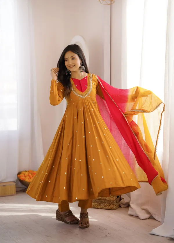 Mustard_Silk_Satin_Flared_Embellished_Anarkali_Suit_Set_For_Women