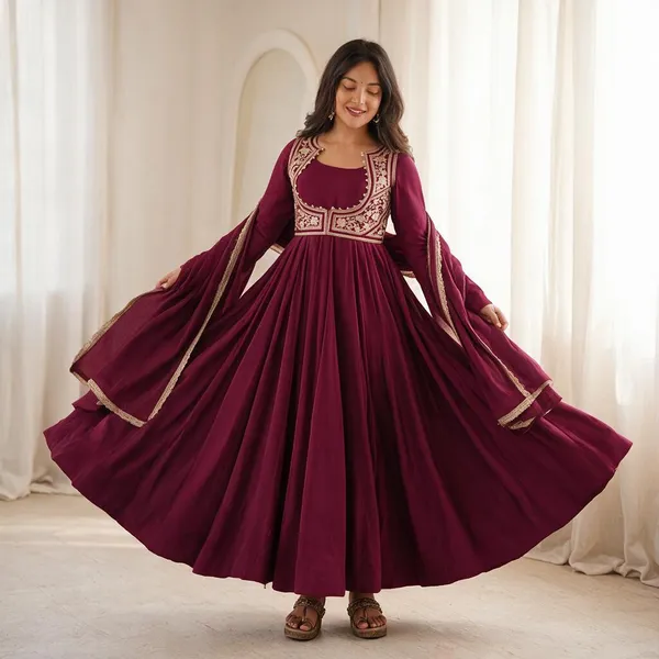 Maroon_Silk_Satin_Embroidered_Flared_Anarkali_Suit_Set_For_Women