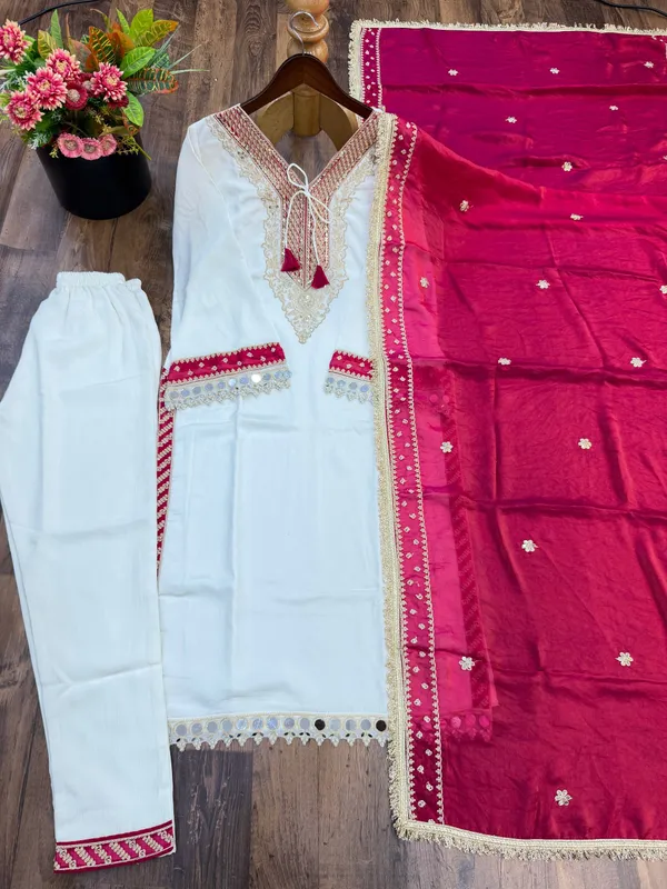 White_And_Pink_Silk_Satin_Straight_Embroidered_Kurta_Set_For_Women