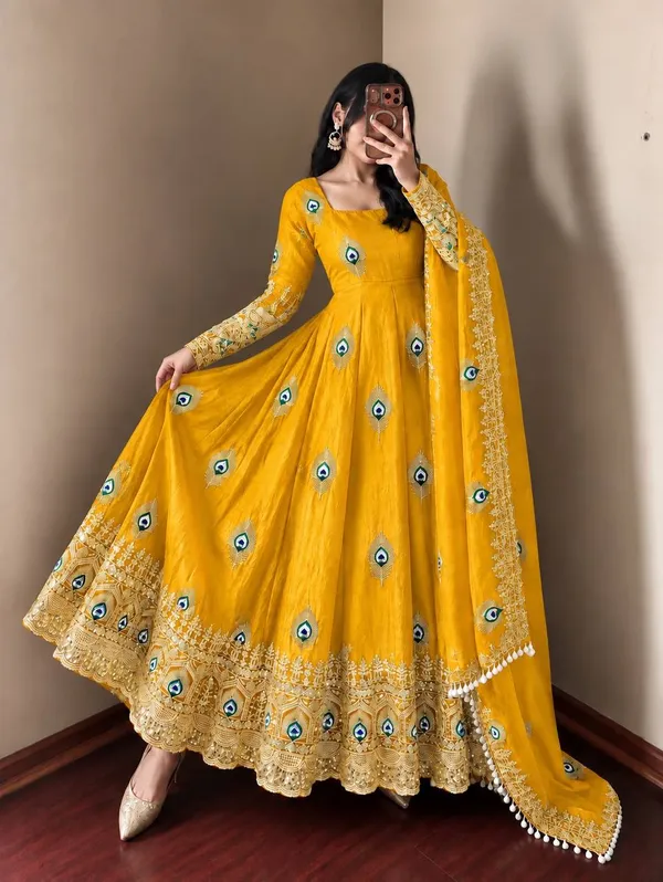 Yellow_Satin_Silk_Flared_Embroidered_Anarkali_Suit_Set_For_Women