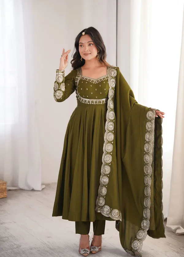 Olive_Green_Silk_Satin_Embroidered_Flared_Anarkali_Suit_Set_For_Women