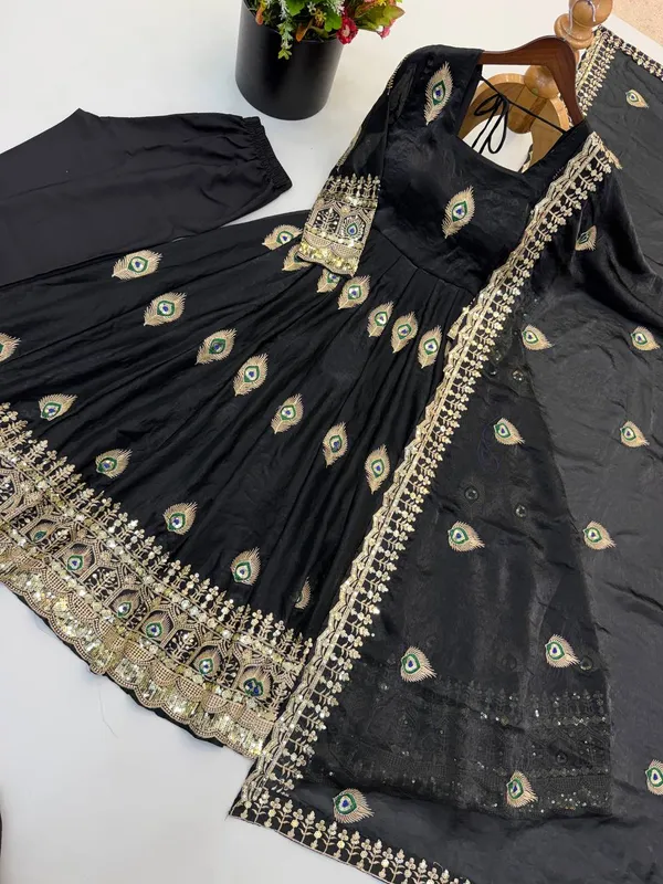 Black_Satin_Silk_Flared_Embroidered_Anarkali_Suit_Set_For_Women